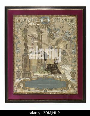 Embroidered picture, Medium: silk, metallic threads Technique: hand painted and embroidered on plain weave; metallic bobbin lace edging, Bishop kneeling before an altar with the figure of Christ crucified; at the top center, the eye of God; chorus of angels; floral border, Italy, 1780, embroidery & stitching, Embroidered picture Stock Photo