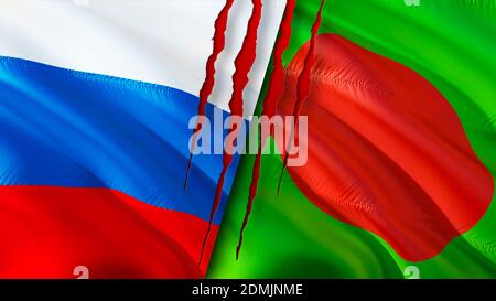 Bangladesh and Russia flags with scar concept. Waving flag,3D rendering ...