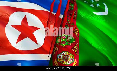 North Korea and Turkmenistan flags with scar concept. Waving flag,3D rendering. North Korea and Turkmenistan conflict concept. North Korea Turkmenista Stock Photo