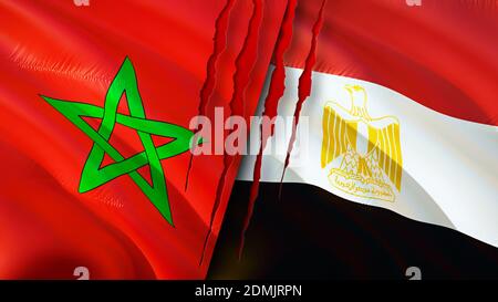 Morocco and Egypt flags with scar concept. Waving flag,3D rendering. Morocco and Egypt conflict concept. Morocco Egypt relations concept. flag of Moro Stock Photo