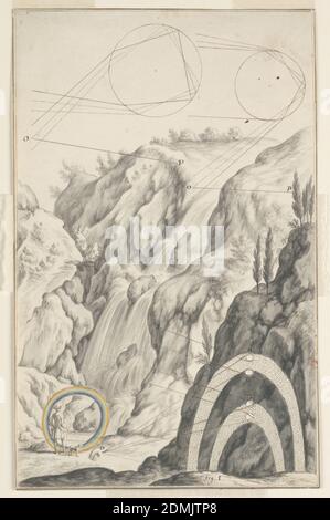 The Investigation of the Rainbow, design for plate 66 in the Physica Sacra, vol. 1, by Johann Jakob Scheuchzer, Johann Melchior Füssli, Swiss, 1677–1736, Christian Ulrich Wagner, German, 1686–1763, Brush and wash, pen and brown, black ink on cream laid paper, A gentleman with a dog is surrounded by a small circular rainbow and faces a mountain with a cascading waterfall. The picture contains two large diagrams - the upper portion of the picture consists of two circles and diagonal lines, and the lower portion contains two arches and diagonal lines. The letters P and O appear Stock Photo