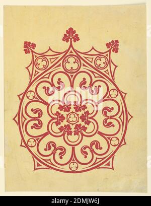 Design for a Motif off a Woven or Embroidery Fabric, Graphite, compass, brush and yellow watercolor, brush and red paint on paper, In a Romanesque-Gothic style. A kind of Gothic window rose bordered by scallops and Gothic traceries. Three leaves are shown on top. The obverse yellow wash. Verso: Rough sketch of Gothic traceries in graphite., France, 1825–1850, Drawing Stock Photo