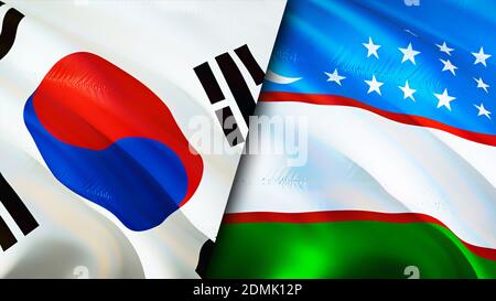 South Korea and Uzbekistan flags. 3D Waving flag design. South Korea Uzbekistan flag, picture, wallpaper. South Korea vs Uzbekistan image,3D rendering Stock Photo