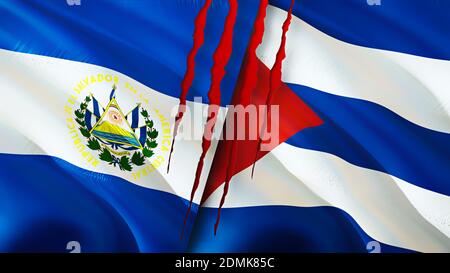 El Salvador and Cuba flags with scar concept. Waving flag 3D rendering. El Salvador and Cuba conflict concept. El Salvador Cuba relations concept. fla Stock Photo