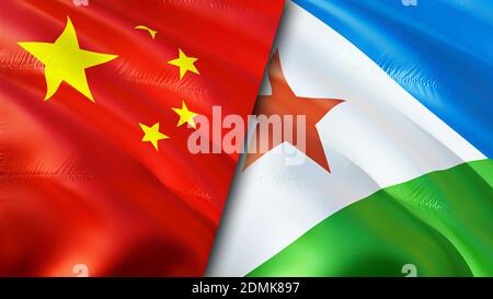 China and Djibouti flags. 3D Waving flag design. China Djibouti flag, picture, wallpaper. China vs Djibouti image,3D rendering. China Djibouti relatio Stock Photo