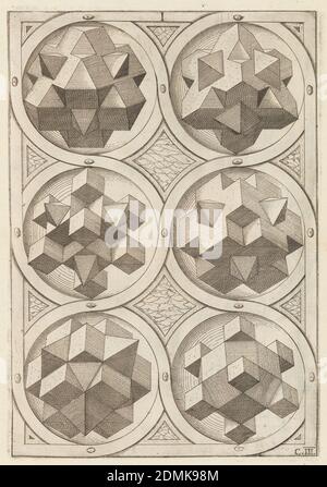 Perspectiva. Corporum Regularium., Wenzel Jamnitzer, German, 1508–1585, Jost Amman, Swiss, active Germany, 1539–1591, Engraving on white laid paper, Book on perspective drawing, with 4 pages of text and 49 plates (A to G, 6 plates; H, 4 plates; J, 3 plates.) Also included are 7 ornamental pages designed by Amman., Switzerland, 1568, Print Stock Photo