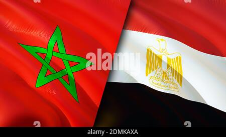 Morocco and Egypt flags. 3D Waving flag design. Morocco Egypt flag, picture, wallpaper. Morocco vs Egypt image,3D rendering. Morocco Egypt relations a Stock Photo