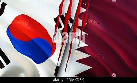 South Korea and Qatar flags with scar concept. Waving flag,3D rendering. South Korea and Qatar conflict concept. South Korea Qatar relations concept. Stock Photo