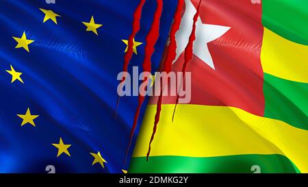 European Union and Togo flags with scar concept. Waving flag,3D rendering. European Union and Togo conflict concept. European Union Togo relations con Stock Photo
