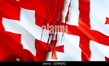 Switzerland and Georgia flags with scar concept. Waving flag,3D rendering. Switzerland and Georgia conflict concept. Switzerland Georgia relations con Stock Photo