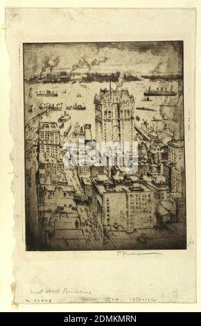 The West Street Building from the Singer Building, Joseph Pennell, American, active England, 1857–1926, Etching in black ink on laid paper, View from on high looking toward the New York waterfront. The West Street Building rises above all surrounding structures., USA, 1908, architecture, Print Stock Photo