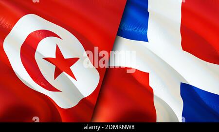 Tunisia and Dominican Republic flags. 3D Waving flag design. Tunisia Dominican Republic flag, picture, wallpaper. Tunisia vs Dominican Republic image, Stock Photo