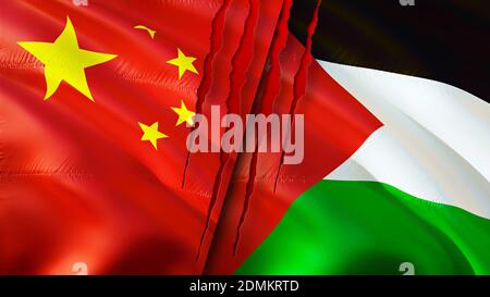 China and Palestine flags with scar concept. Waving flag,3D rendering. China and Palestine conflict concept. China Palestine relations concept. flag o Stock Photo