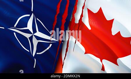 NATO and Canada flags with scar concept. Waving flag,3D rendering. Canada and NATO conflict concept. NATO Canada relations concept. flag of NATO and C Stock Photo