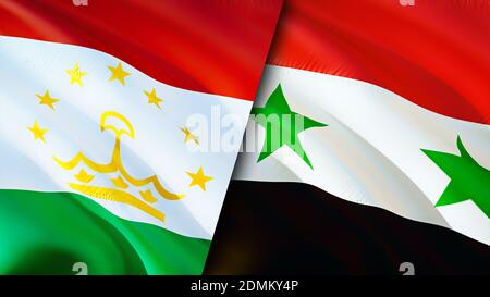 Tajikistan and Syria flags. 3D Waving flag design. Tajikistan Syria flag, picture, wallpaper. Tajikistan vs Syria image,3D rendering. Tajikistan Syria Stock Photo