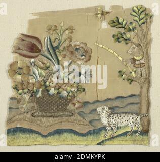 Fragment, Medium: silk Technique: embroidered, Fragment show a basket of flowers resting on a small mound. Background has wavy blue lines suggesting water. Foreground has grass and a tree on the right. A black and white spotted dog stands near the tree while a small creature or animal in a tunic stands on a tree branch., early 18th century, embroidery & stitching, Fragment Stock Photo