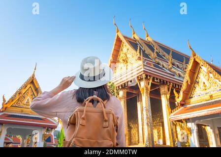 Beautiful asian tourist woman enjoy travel on Vacation in Bangkok at Thailand Stock Photo