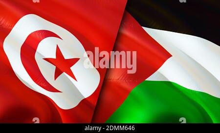 Tunisia and Palestine flags. 3D Waving flag design. Tunisia Palestine flag, picture, wallpaper. Tunisia vs Palestine image,3D rendering. Tunisia Pales Stock Photo