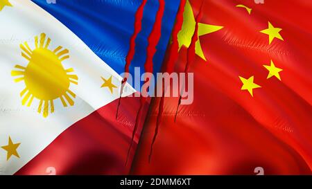 Philippines and China flags with scar concept. Waving flag,3D rendering. Philippines and China conflict concept. Philippines China relations concept. Stock Photo