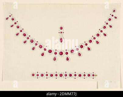 Design for a Parure with Rubies and Pearls, Pen and black ink, brush and red gouache, gold paint, graphite on off-white wove paper, laid down, Earring, pendant necklace, and bracelet arranged vertically on page. Necklace composed of ruby-colored spheres which are either encircled by smaller spheres in white or linked to a suspended pear-shaped ruby surrounded by small pearls. For bracelet, a string of round rubies encircled by small white pearls. Clasp at right. Earring: A pear-shape red ruby hangs from red sphere at top of page., Italy, Possibly 19th century, jewelry, Drawing Stock Photo