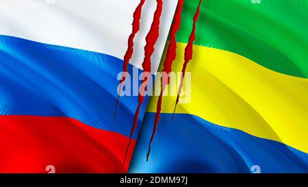 Russia and Gabon flags with scar concept. Waving flag,3D rendering. Russia and Gabon conflict concept. Russia Gabon relations concept. flag of Russia Stock Photo