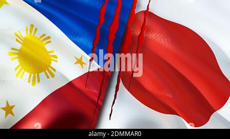 Philippines and Japan flags with scar concept. Waving flag,3D rendering. Philippines and Japan conflict concept. Philippines Japan relations concept. Stock Photo