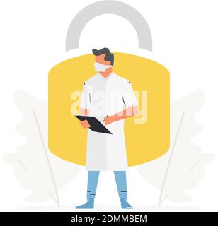 The doctor stands in front of large padlock. Coronavirus lockdown or quarantine, restricted access to country. Stock Vector