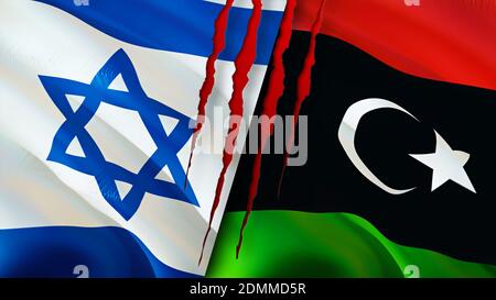 Israel and Libya flags with scar concept. Waving flag,3D rendering. Israel and Libya conflict concept. Israel Libya relations concept. flag of Israel Stock Photo