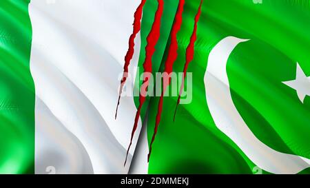 Nigeria and Pakistan flags with scar concept. Waving flag,3D rendering. Nigeria and Pakistan conflict concept. Nigeria Pakistan relations concept. fla Stock Photo