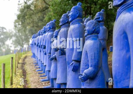 Carvalhal Bombarral, Portugal - 13 December 2020: blue Chinese terracotta warriors in the Buddha Eden Garden in Portugal Stock Photo