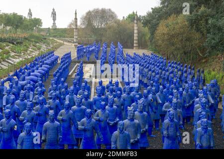 Carvalhal Bombarral, Portugal - 13 December 2020: blue Chinese terracotta warriors in the Buddha Eden Garden in Portugal Stock Photo