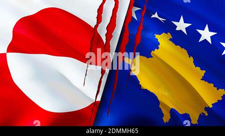 Greenland and Kosovo flags with scar concept. Waving flag,3D rendering. Greenland and Kosovo conflict concept. Greenland Kosovo relations concept. fla Stock Photo