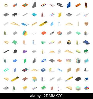 Big set of icons isolated on white background, office and school. Flat 3d isometric style, vector illustration. Stock Vector