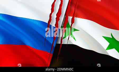 Russia and Syria flags with scar concept. Waving flag,3D rendering. Russia and Syria conflict concept. Russia Syria relations concept. flag of Russia Stock Photo