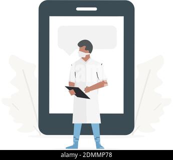 Online consultation about disease. The doctor stands in front of large phone. Stock Vector