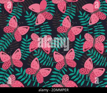 Pink butterflies and palm leaves on dark background. Seamless pattern. Vector illustration for wrapping, cloth, linens, fabric. Stock Vector