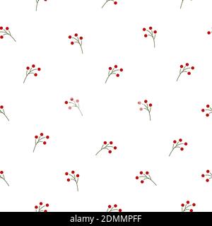 Floral seamless pattern texture with red berries branches. White background. Vector illustration with sprigs. Perfect for printing on fabric or paper. Stock Vector