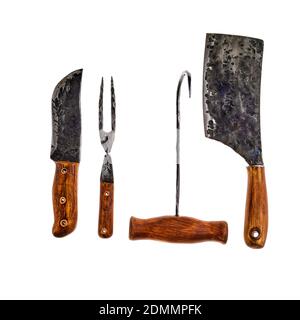 Set of butcher tools isolated on white background Stock Photo