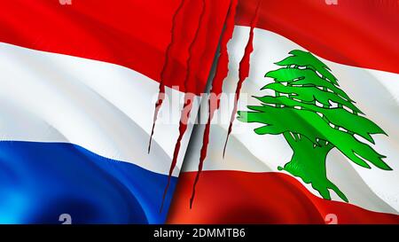 Netherlands and Lebanon flags with scar concept. Waving flag,3D rendering. Netherlands and Lebanon conflict concept. Netherlands Lebanon relations con Stock Photo