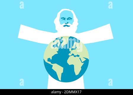 God as old bearded man on the sky - The creator is creating planet Earth. Creationism and creationist religious act from bible. Vector illustration. G Stock Photo