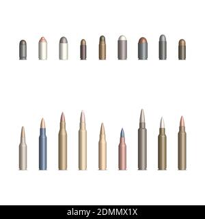 Set of photorealistic weapon cartridges with a bullet, isolated on white background. Front view, vector illustration. Stock Vector