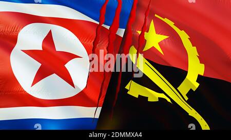 North Korea and Angola flags with scar concept. Waving flag,3D rendering. North Korea and Angola conflict concept. North Korea Angola relations concep Stock Photo