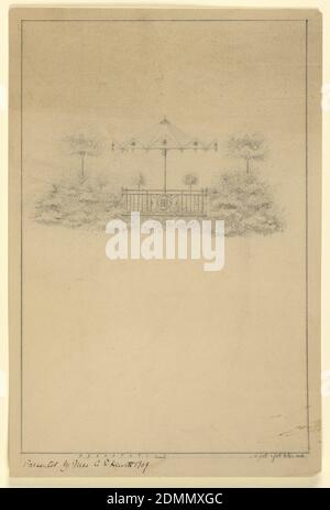 Design for Garden Pavilion, Graphite on wove paper, lined, Design for a garden pavilion. Pavilion with umbrella decorated with flower motif. Vegetation surrounds pavilion. Scale noted at bottom., USA, ca. 1909, architecture, Drawing Stock Photo