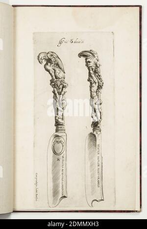 Designs for Knife Handles, Francesco Salviati, Italian, 1510 – 1563, Aegidius Sadeler II, Flemish, 1570 - 1629, Cherubino Alberti, Italian, 1553–1615, Album of engravings on off-white laid paper, Italy, 1583, cutlery, Album, Album Stock Photo