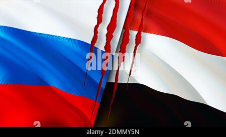 3d Waving Russia And Yemen Flags On Blue Sky With Sun Shine Stock Photo 