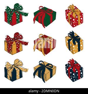 Colored Hand Drawn Gift Boxes with Ribbon Collection. Vector Illustration. Set of different present boxes. Christmas and New Year's Day Stock Vector