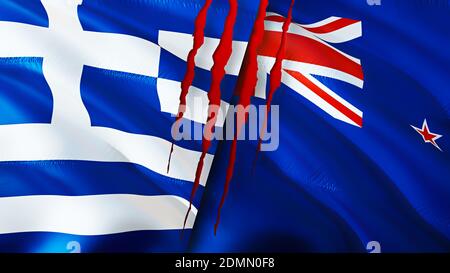 Greece and New Zealand flags with scar concept. Waving flag,3D rendering. Greece and New Zealand conflict concept. Greece New Zealand relations concep Stock Photo