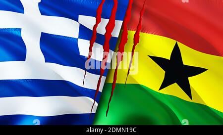 Greece and Ghana flags with scar concept. Waving flag,3D rendering. Greece and Ghana conflict concept. Greece Ghana relations concept. flag of Greece Stock Photo