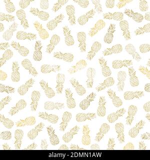 Background with fresh exotic fruits gold pineapple, hand drawn icons. Colorful wallpaper vector. Seamless pattern, decorative illustration. Stock Vector