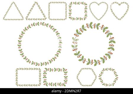 Floral frame set for celebration design with rowan berries branches with leaves. Romantic Vector template. Six shape collections - round, square, heart, rectangle, heaxagon, triangle. Stock Vector